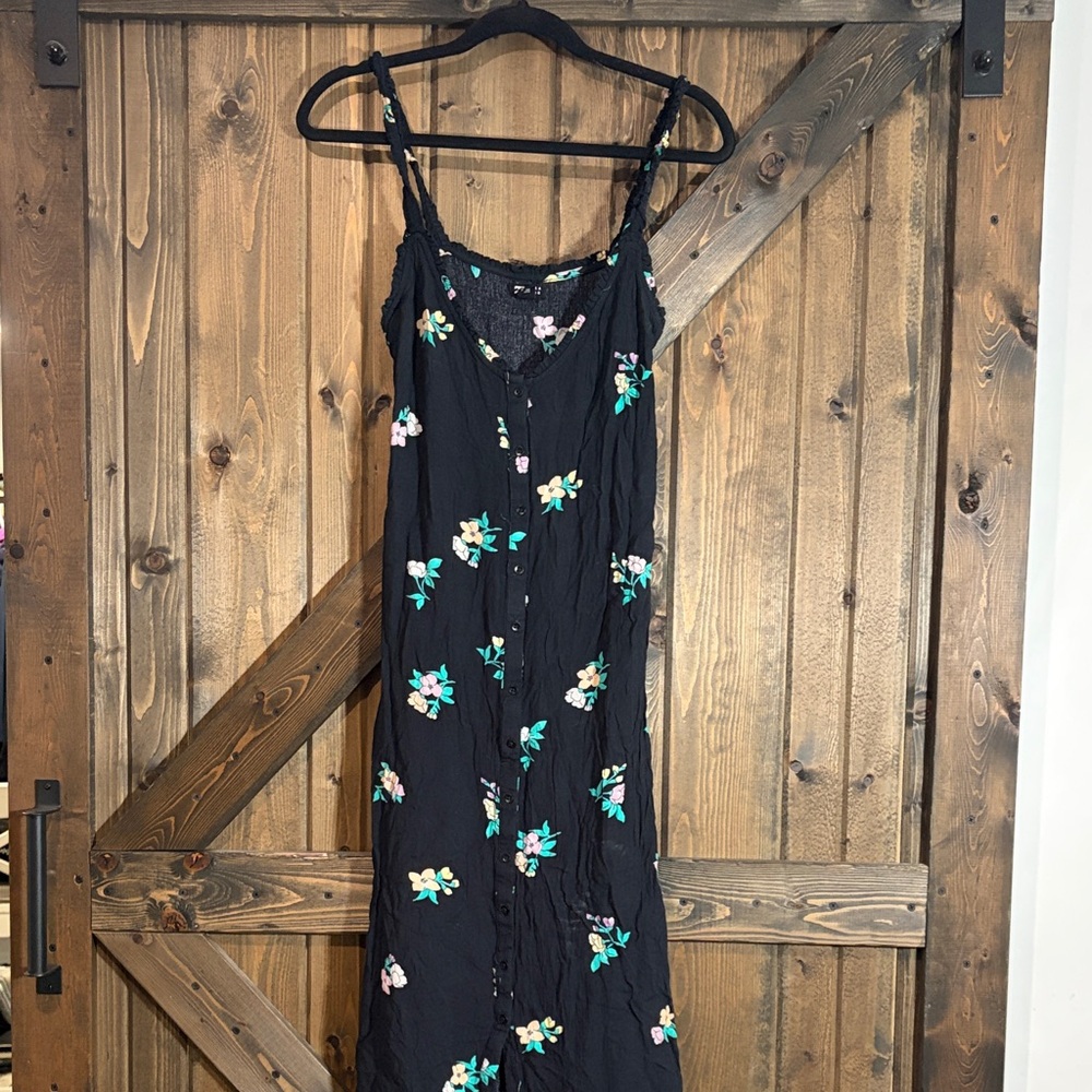 Billabong Black Dress with Green and Pink Floral Accents